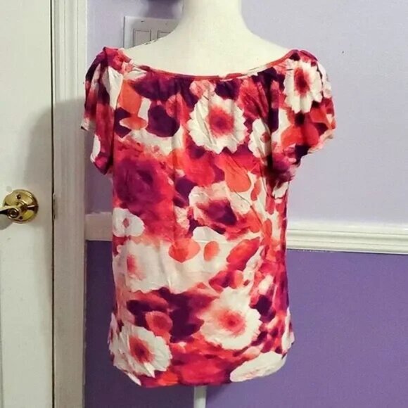 Simply Vera Colorful Orange Fuchsia Floral Flutter Sleeves Summer Casual Top - Picture 5 of 6